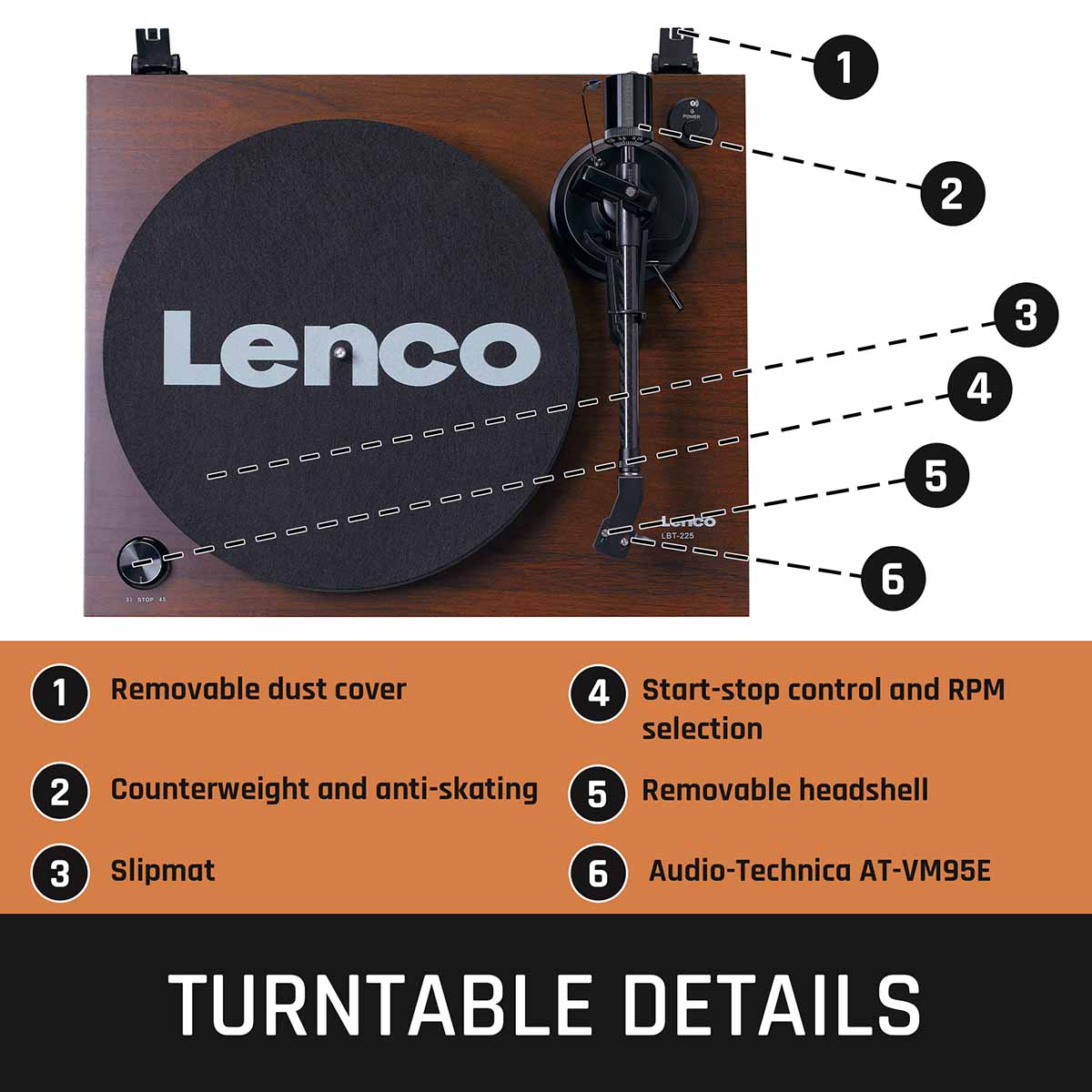Lenco LBT-225 Bluetooth Turntable w/ Glass Platter and AT-VM95E Cartridge - Image 18